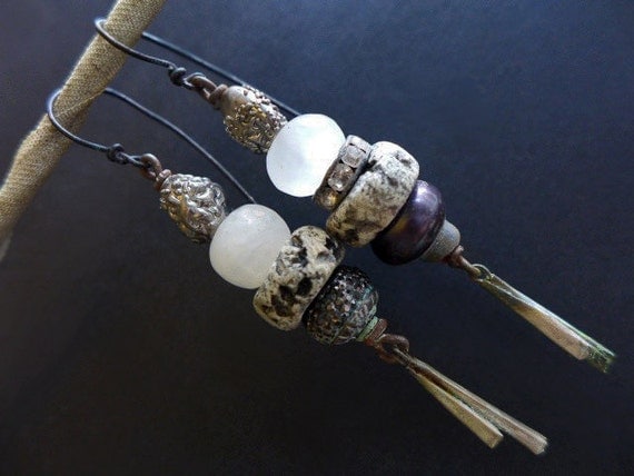 Liquid Measure. Silver stacked Victorian tribal rustic bling grey assemblage earrings.