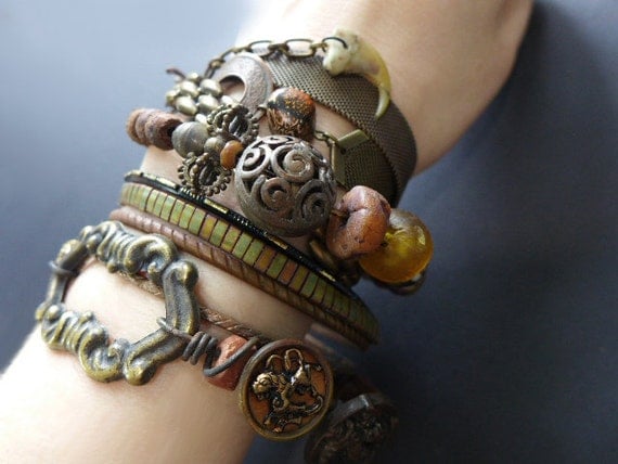 Earthen Path. Bangle stack. Rustic tribal gypsy bracelet set with cuff in browns, copper, amber.