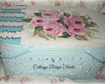 Country chic picnic basket, shabby chic picnic basket, pink roses picnic basket, basket, aqua basket, romantic country picnic basket decor