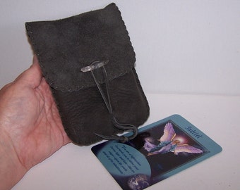 Leather Tarot Bag / Medicine Bag...LARGE Vertical Flap...GREY