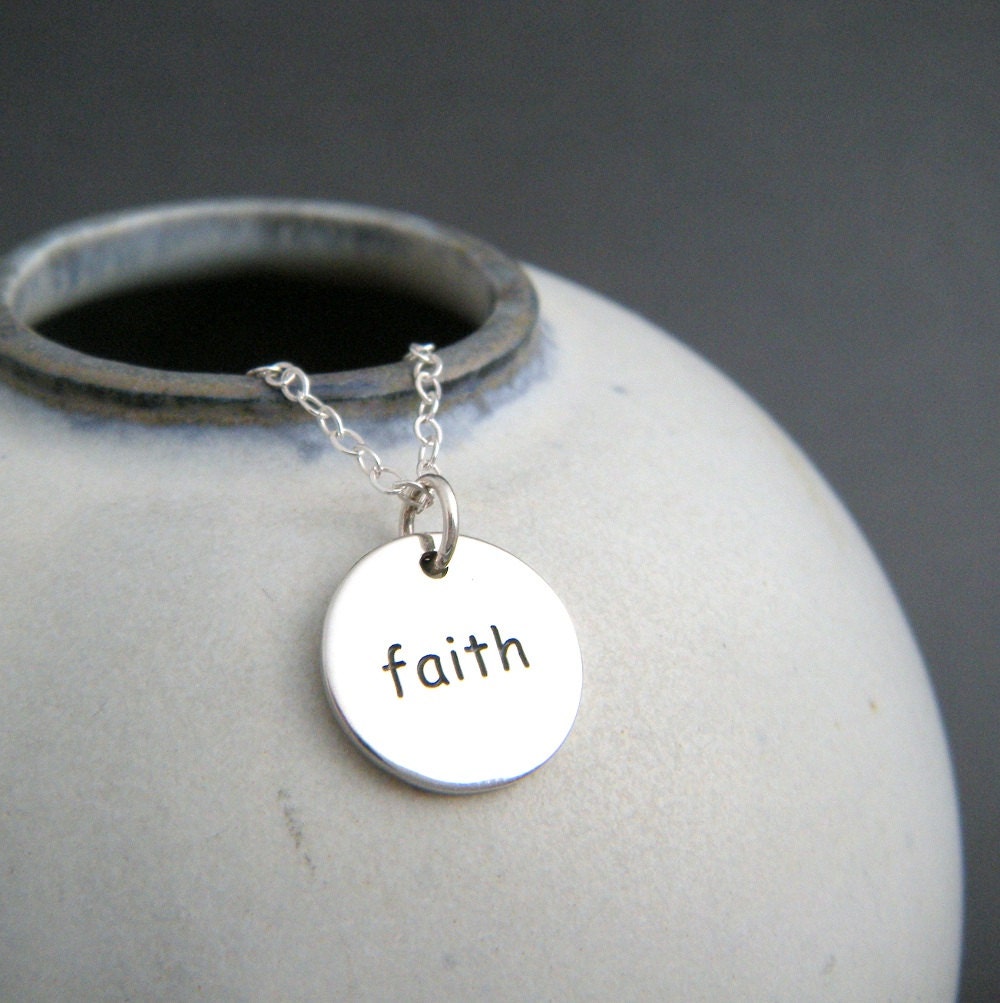 silver faith word necklace. small sterling inspirational