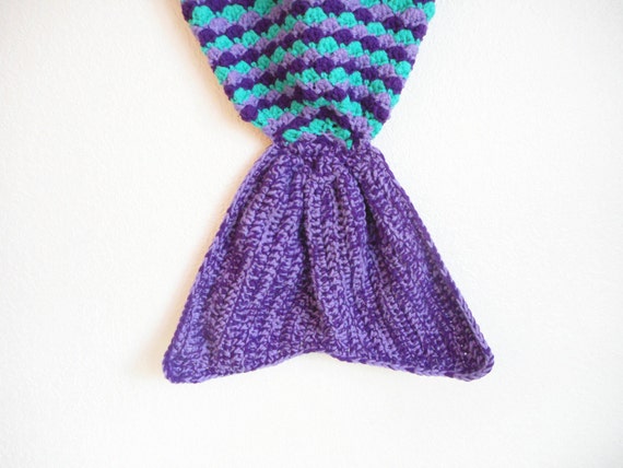 Girls Mermaid Tail Lapghan Blanket in Aubergine, Jade and Lilac. 