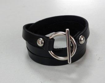 Black Leather Bracelet Wrap Bracelet Leather Cuff with Toggle Clasp