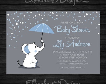 Elephant Baby Shower Invitation, blue, umbrella, rain, baby sprinkle, boy, baby elephant invitation, custom invite, digital file, you print