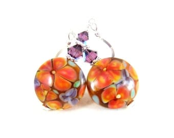 Coral Pink Purple Floral Earrings, Botanical Earrings, Flower Earrings, Nature Jewelry, Flower Jewelry, Lampwork Earrings, Glass Earrings