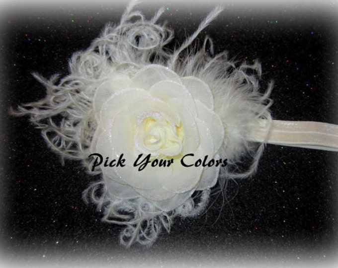 You Pick Colors Glamor Sparkle Rose Ostrich Feather Glitter Hair Bow Headband Hairbow Photo Prop Baptism Wedding Gift Newborn Baby