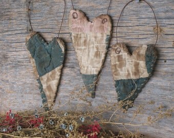 Set of 3 Primitive Vintage Quilt Heart Ornaments