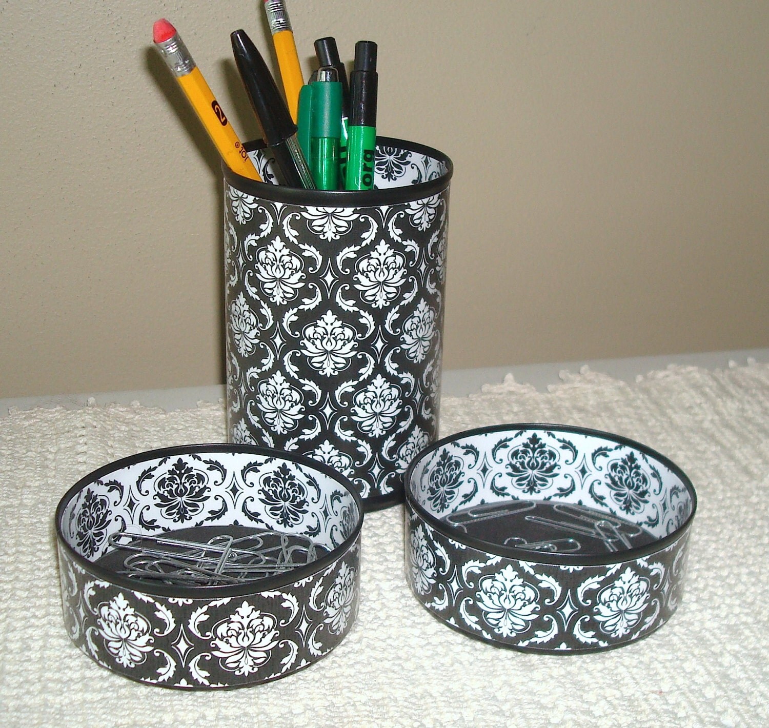 Black and White Damask Desk Accessory Set Gift for Coworker