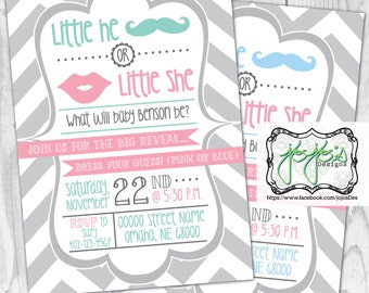 Chevron Gender Reveal Party Invitation, Mustache and Lips, Little He or Little She, Pink Green Blue Gray White (Digital File)