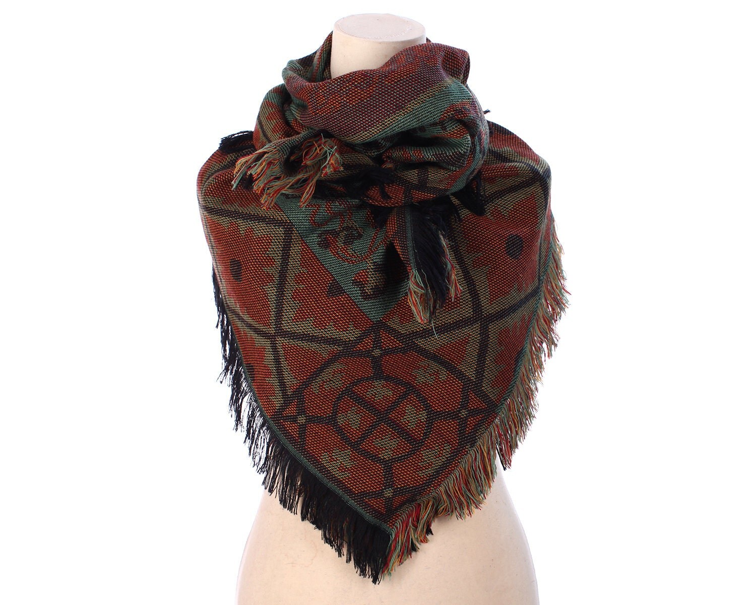 Bohemian BLANKET Scarf 90s Wrap Rust Brown MOSSY Green Woven Oversize