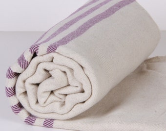 Bath Towel / Beach Towel , Turkish Bath Towel...Linen - Cotton PESHTEMAL Cream-Purple