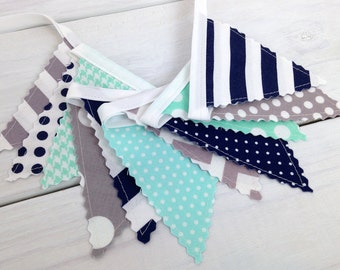 Bunting Banner Mini, Fabric Banner, Fabric Flags, Baby Boy Nursery Decor, Birthday Decoration - Mint Green,Navy Blue,Gray,Grey,Chevron,Dots