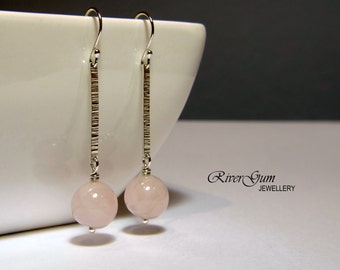Rose Quartz Earrings, Long Sterling Silver Earrings, Handmade by RiverGum Jewellery