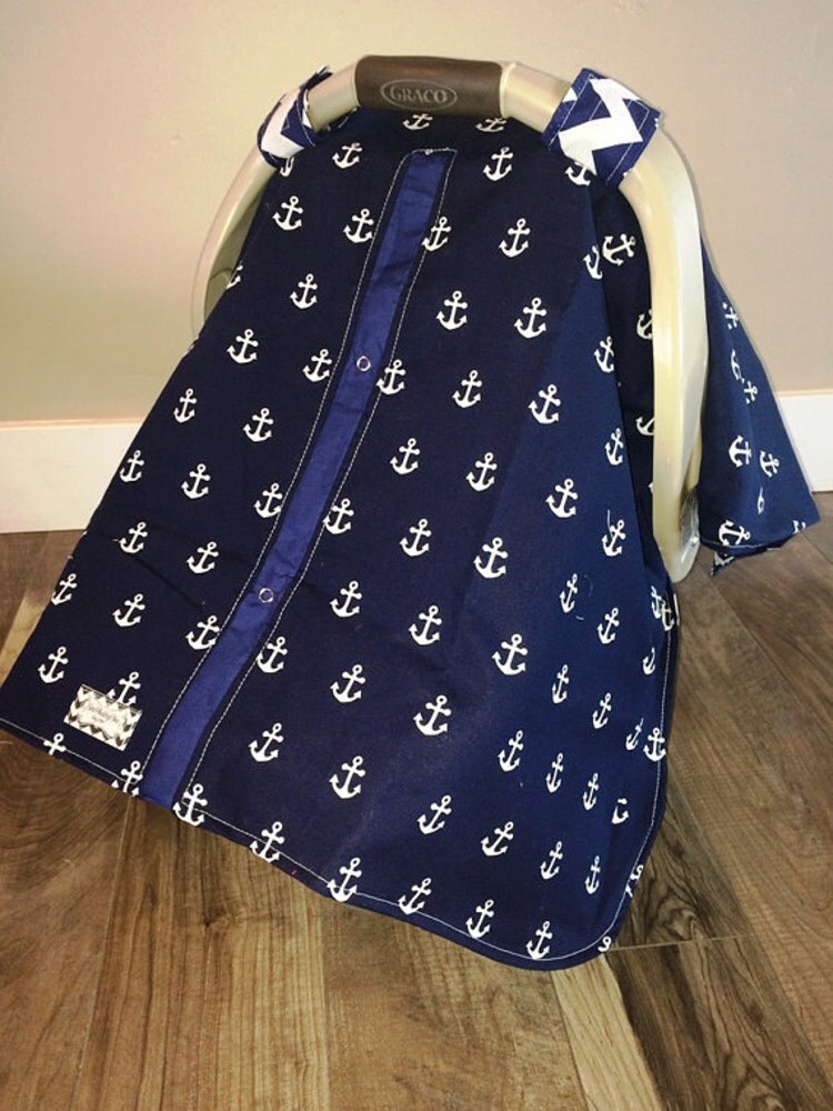 baby carseat canopy Navy Anchors Navy chevron by CoveredNLove1