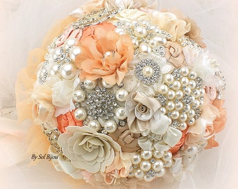 Brooch Bouquet, Coral, Peach, Cream, Blush, Ivory, Beige, Champagne, Jeweled Bouquet, Wedding, Bridal, Pearls, Crystals, Elegant Wedding
