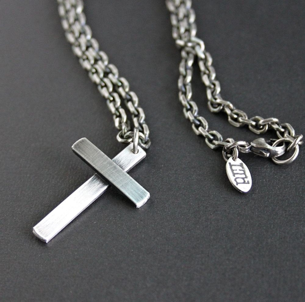 Mens Large Silver Cross Necklace Heavy Bevel by LynnToddDesigns
