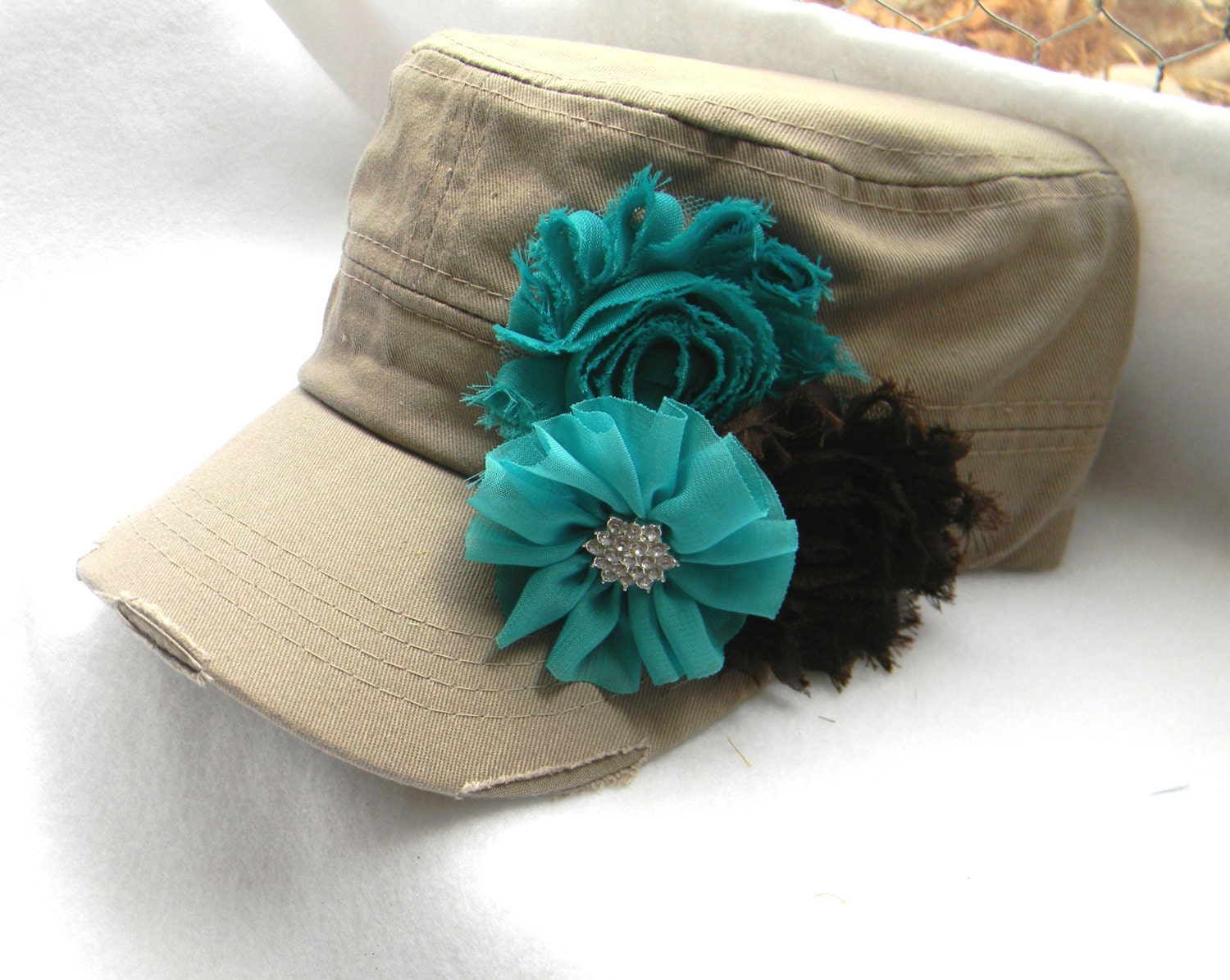 Womens flower Hat khaki hat distressed hat rhinestone Hat