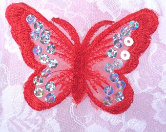 GB167 Red Butterfly Patch Sequin Embroidered Applique 2" (GB167-rd)
