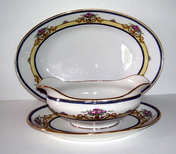 Antique Jean Boyer Limoges France, Porcelain Gravy Boat with Attached