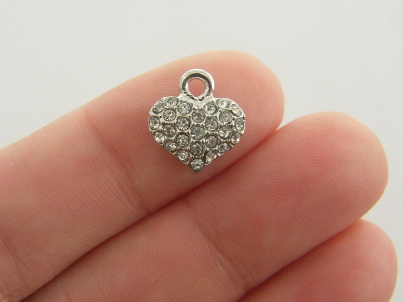 BULK 10 Heart with rhinestone charms antique silver tone H73