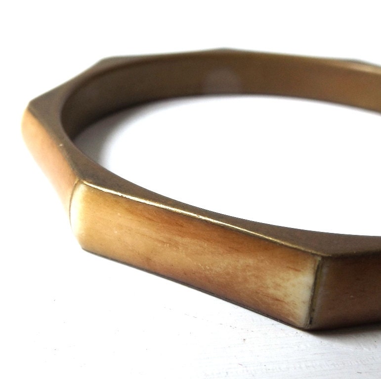 vintage 1970's brass bone bangle bracelet real animal