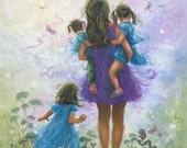 Mother and Three Girls Art Print, three sisters, three daughters, Mom, purple, blue, mother's day gift, brunette, wall art Mother and Three Girls Art Print, three sisters, three daughters, Mom, purple, blue, mother's day gift, brunette, wall art