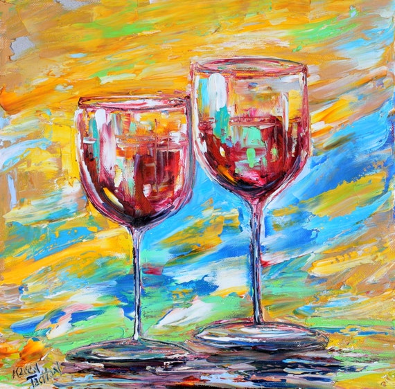 Original oil painting Red Wine for two abstract palette knife