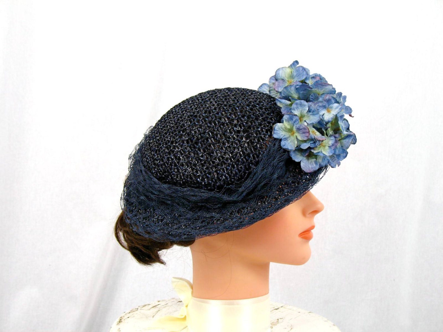 40s Pillbox Hat Navy Blue Hat Derby Hat by englishrosedesignsoh