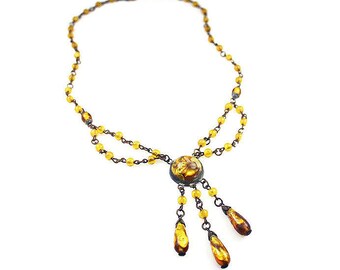 Art Deco Foil Glass Necklace - Amber Yellow, Czech Necklace, Czechoslovakia, Festoon Necklace, Art Deco Jewelry, Antique Jewelry