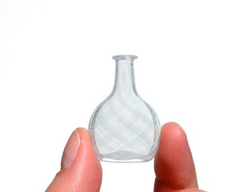 Flat Shaped Miniature Bottle in Pale Blue Stripes, Hand Blown Glass