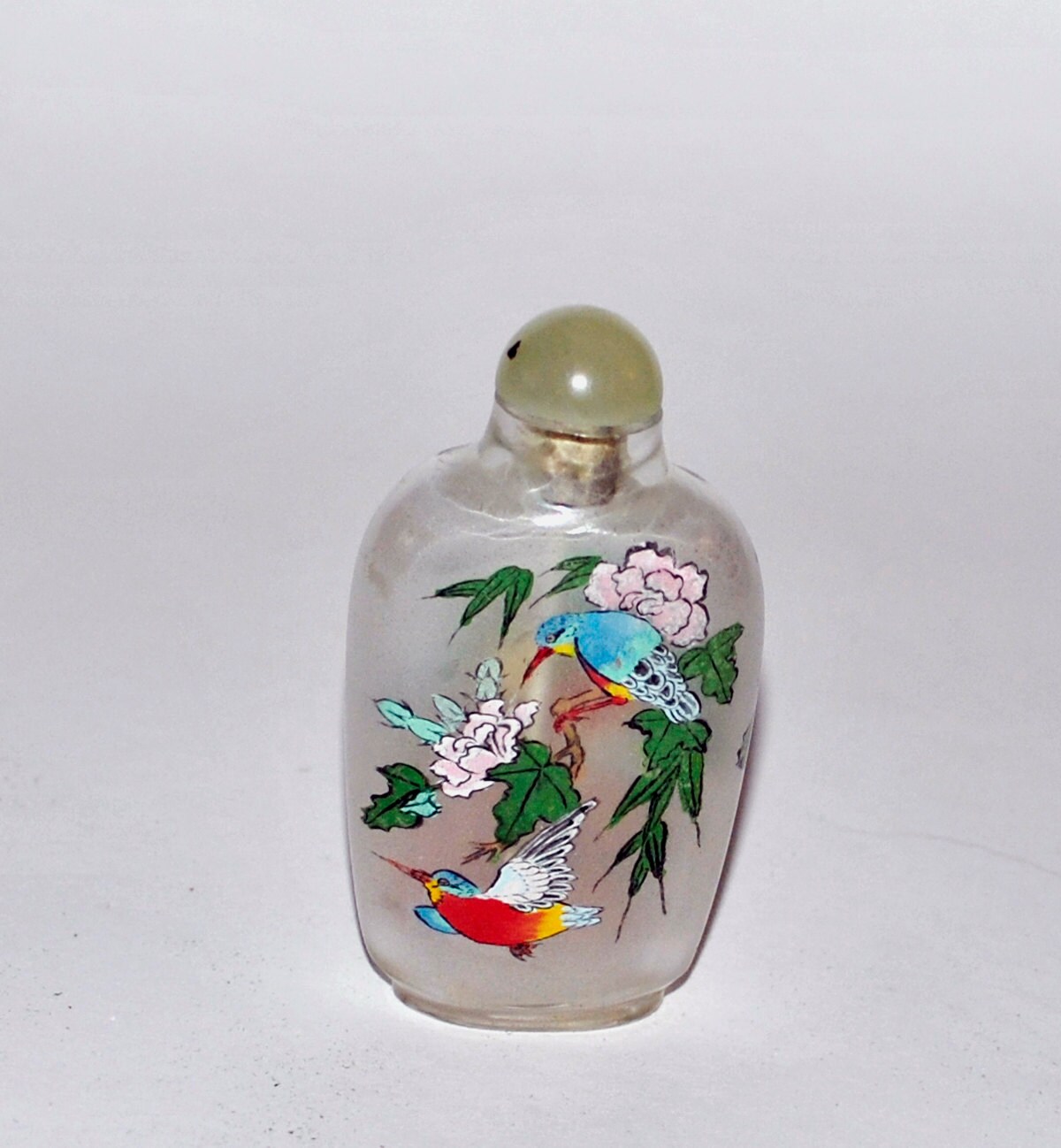 Vintage Hand Painted Glass Snuff Bottle Reverse Painted Inside