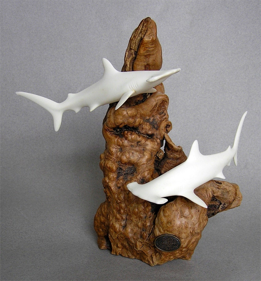 Sharks on Burl Wood John Perry Vintage Sculpture