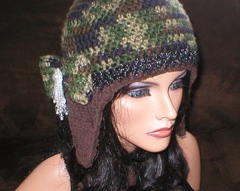 30% OFF SALE Crochet Women Camouflage Metallic Black Coffee Suede Teardrop Bead Bow Ear Flap Hat Snowboard Hat - il_340x270.781753628_qeri