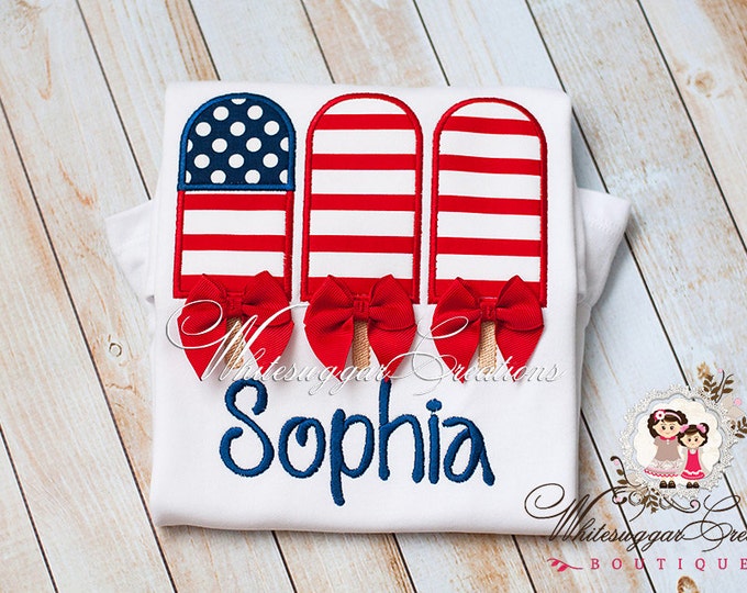 Patriotic Fourth of July Flag Popsicles Shirt with Bows - Baby 1st Independence Day, Summer Personalized shirt, 4th of July Outfit
