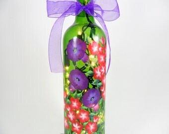 Lighted Wine Bottle Purple Morning Glories Red Geranium Hand Painted Flowers