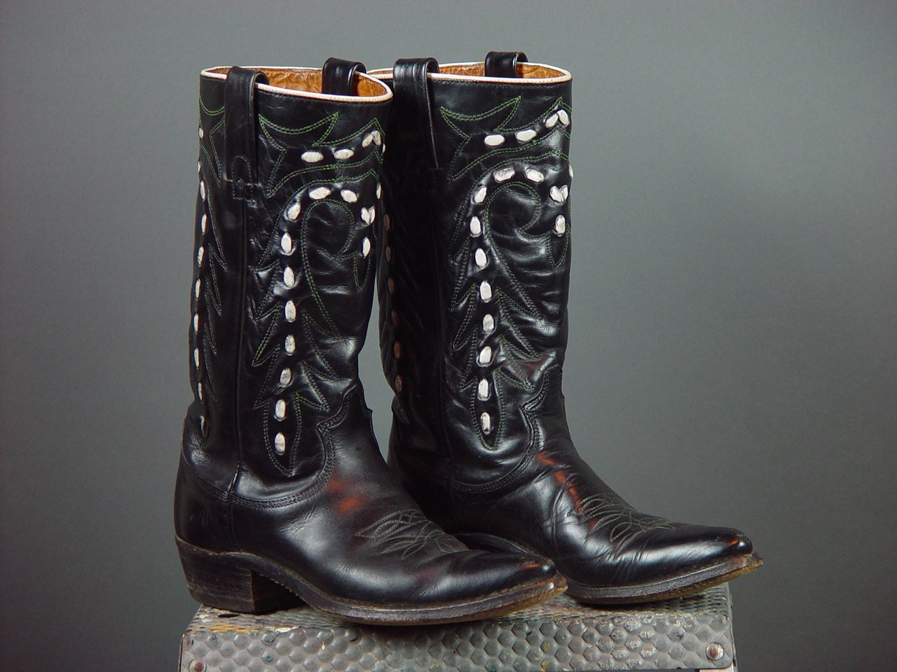 Vintage Black Cowboy Boots Western Texas White Stove Pipe