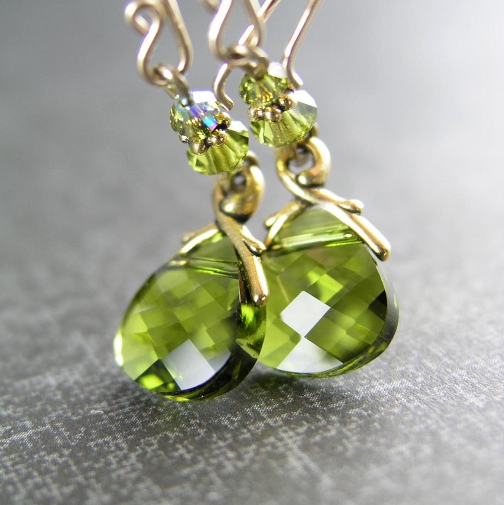 Olive Green Earrings Antique Gold Swarovski Green by DorotaJewelry