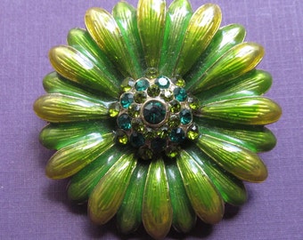 Monet Green Yellow Enamel Vintage Flower Brooch Rhinestone Pin