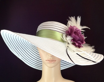 Kentucky Derby Hat with Purple Rose , Fascinator, Wide Brim Dress Hat ,Formal Dress Hat Wedding Tea Party Ascot Horse Race