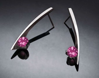 pink topaz earrings, silver earrings, Argentium silver, wedding earrings, modern earrings, artisan earrings - 2458