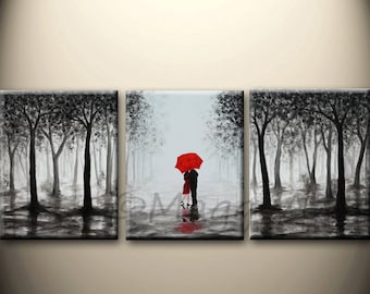 large abstract painting,original acrylic wall art,Made To Order, kissing in rain, black white red,love couple,48x20inch,great wedding gift