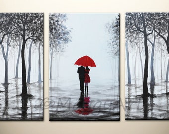 original acrylic painting,72x36 inch walking in rain, black white red,love couple,home decor,wall art,great wedding gift, MADE TO ORDER