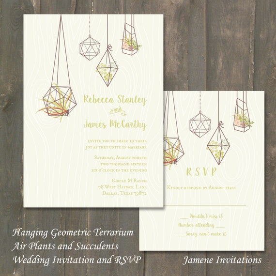 Wedding Invitation and RSVP - Hanging Geometric Terrarium with Air Plants and Succulents - Printed - Digital Version Available Il_570xn