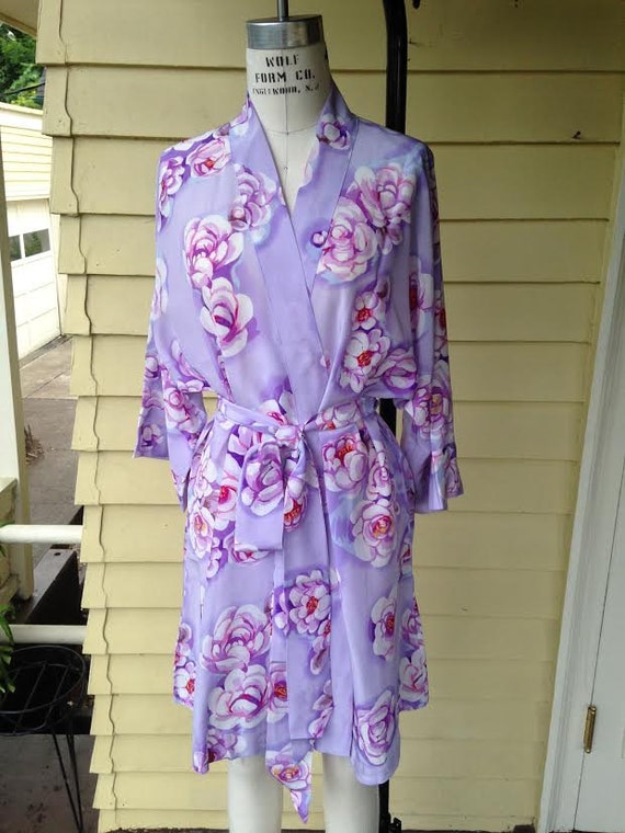 Floral robe. Floral silk robe. Silk Crepe Robe Lavender Purple Robe Spa