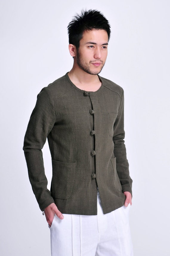 Evergreen / Linen Men's Light Jacket with Chinese Handmade