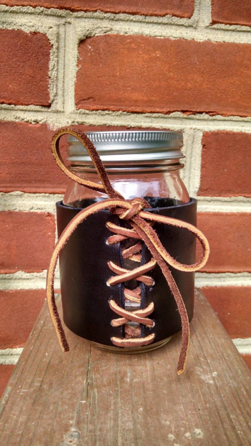 Leather Beer Koozie With 16oz Jar by Tryonquilts on Etsy