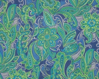 Kelly Green and Royal Blue Paisley Print Pure Cotton Lawn Fabric--One Yard
