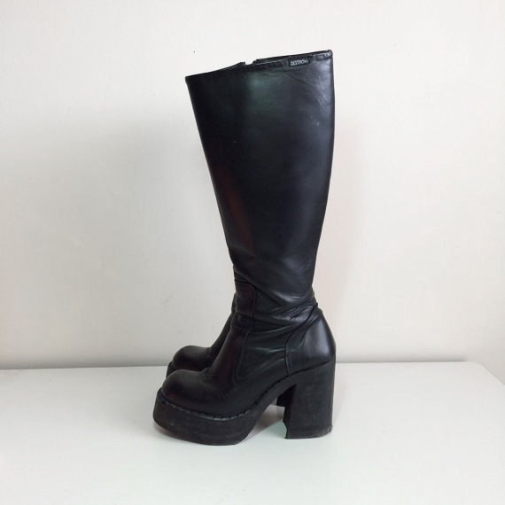 90s Destroy black leather platform below the knee boots size