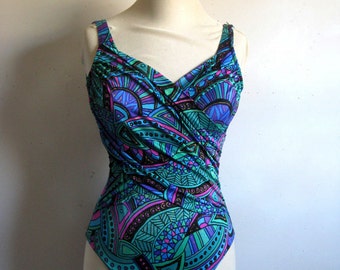 Vintage 1990s Swimsuit CATALINA Blue Gold Metallic Wrap Abstract Bathing Suit 8