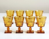 Vintage Stemmed Drinking Glasses / Set of Eight Gold Pressed Glass / Water Glass / Wine Glass / Summer Patio Decor / Barware